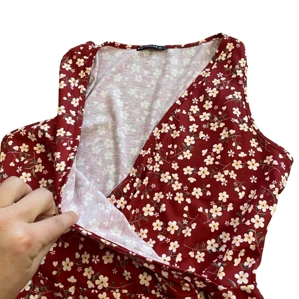 Fensace Womens Red With Yellow Floral Sun Dress Sleeveless Teared Skirt - Picture 7 of 10